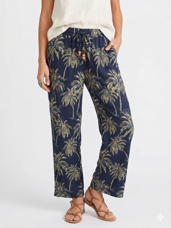 Soft Surroundings Pants - Soft Surroundings Tropical Palm Tree Wide-Leg Casual Pull-On Pants Navy Green PM